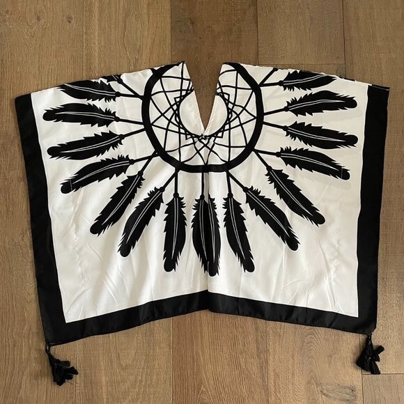 Bohemian Vintage Black&White Fringed Poncho Women's Top (One Size) - Picture 4 of 9